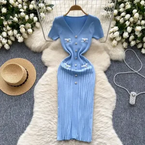 YuooMuoo Chic Fashion Sexy Wrap Hips Knitted Dress Women V-neck Short Sleeve Bodycon Pleated Sweater Dress Office Lady Vestios Bangladesh (New)