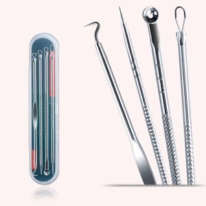 (4Pcs) Stainless Steel Blackhead Removal Kit / Bron stick 4 pcs Professional Pimple Popper Tool Kit skin care product - With Comedone Extractor Milia Removal Tool Blackhead Tweezers and Whitehead Remover Tool Spot Treatment Acne Set Bangladesh (New)