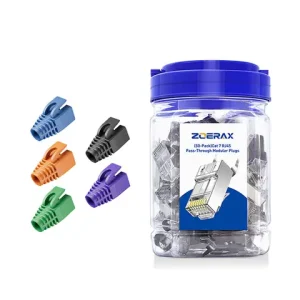 ZoeRax 50PCS Shielded RJ45 Cat7 Cat6A Pass Through connectors kit 3 Prong 8P8C Gold Plated 2-Piece Plug with Strain Relief Boots Bangladesh (New)
