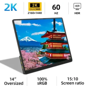 ZSUS 2160*1440 14-inch 2K Portable Monitor 60HZ For Laptop XBox PS4 / 5 Switch TV Box Cell Phone PC Extension Mobile Bangladesh (New)