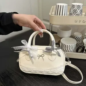 Zipper PU Leather Boston Handbag Lace Ribbon Bow Crossbody Bowling Bag Korean Style Waterproof Small Square Bag Travel Bangladesh (New)