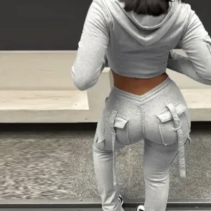 Zipper Design with Exposed Navel Hooded Sweatshirt and Drawstring V-Shaped Waistline Work Pants, Sports Pants Long Pants Set Bangladesh (New)